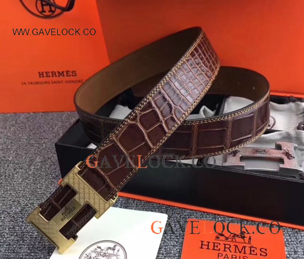 Copy Hermes Alligator Belt With Gold Buckle - Hermes Belt Men Fake